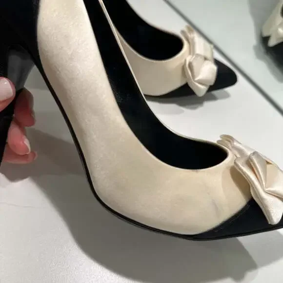 J.Crew Black Cream Two-Tone Stiletto Heel Bow Pointed Toe Pumps 8.5 - Picture 8 of 12